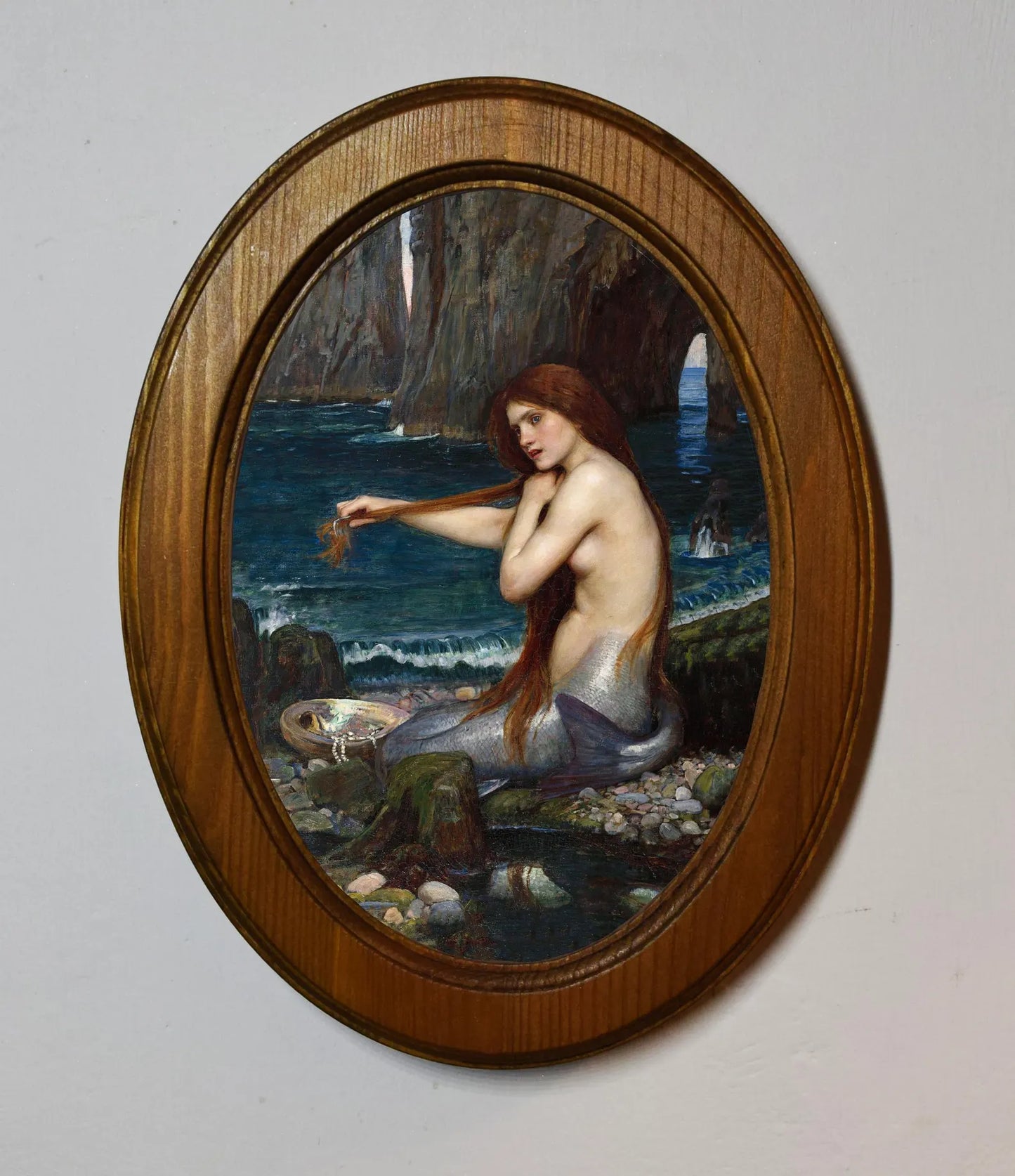A Mermaid John William Waterhouse Light Oak Oval Wooden Framed Classic Art Print 3"x4", 3.5"x5", 4"x6", 5"x7", 6"x8"