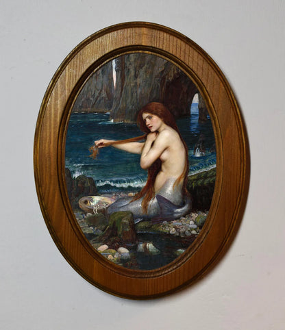 A Mermaid John William Waterhouse Light Oak Oval Wooden Framed Classic Art Print 3"x4", 3.5"x5", 4"x6", 5"x7", 6"x8"