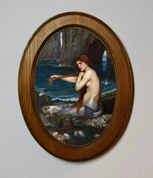 A Mermaid John William Waterhouse Light Oak Oval Wooden Framed Classic Art Print 3"x4", 3.5"x5", 4"x6", 5"x7", 6"x8"