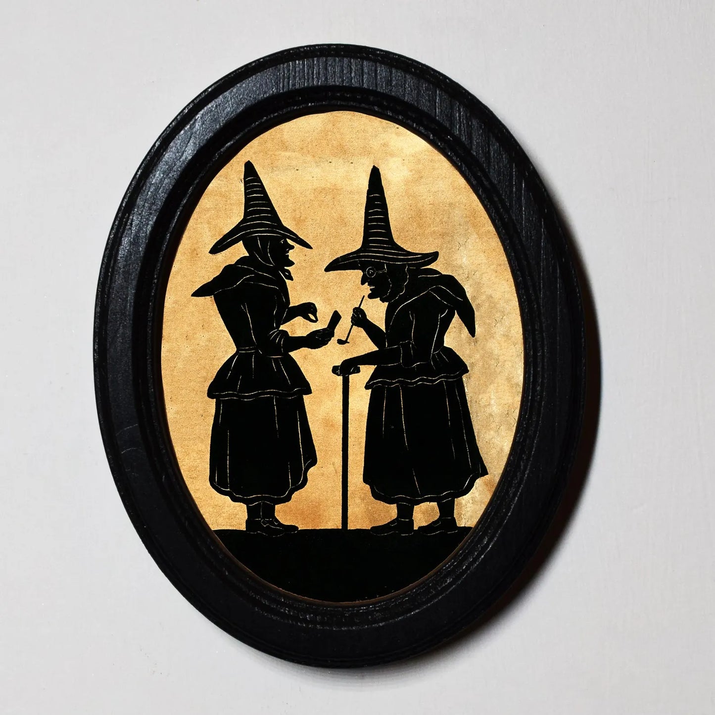 Witches Swapping Spells Gothic Spooky Halloween Oval Wooden Framed Print 3"x4"