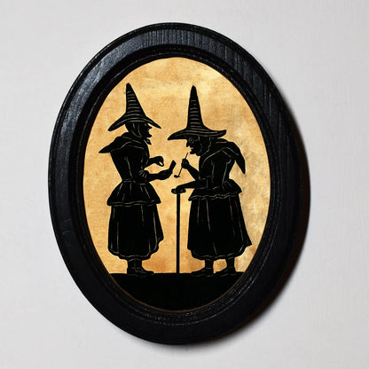 Witches Swapping Spells Gothic Spooky Halloween Oval Wooden Framed Print 3"x4"