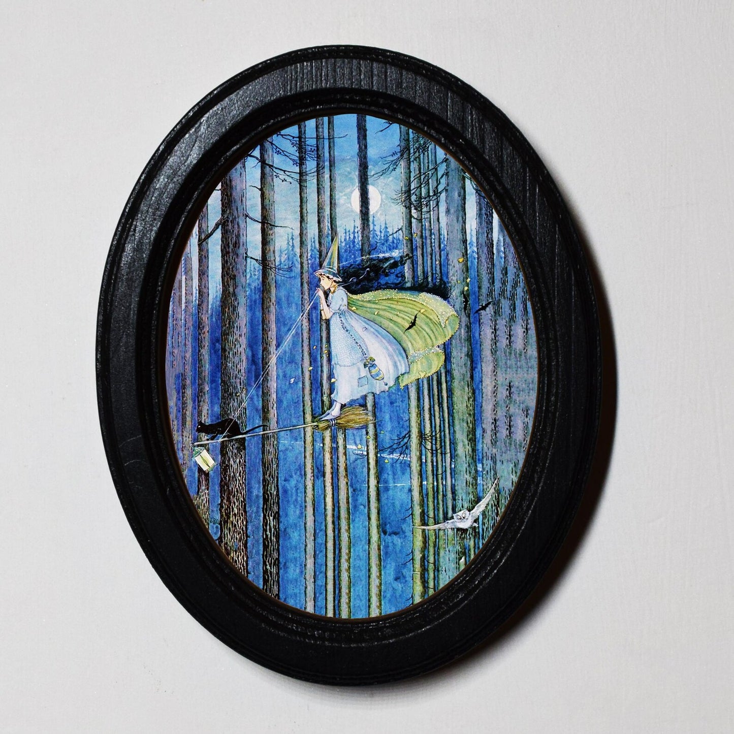Witch on Her Broom Stick Ida Rentoul Outhwait Halloween Oval Wooden Framed Print 3"x4", 3.5"x5", 4"x6", 5"x7"