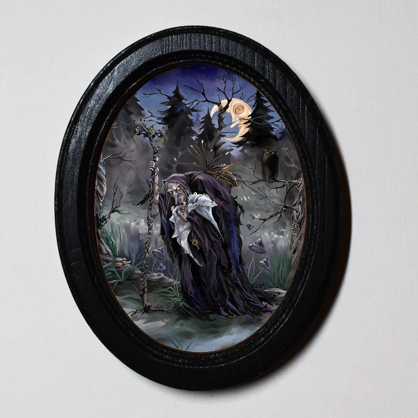Old Witch With Baby Spooky Gothic Halloween Oval Wooden Framed Print 3"x4"