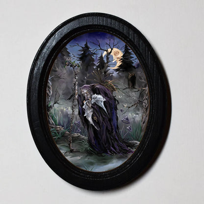 Old Witch With Baby Spooky Gothic Halloween Oval Wooden Framed Print 3"x4"