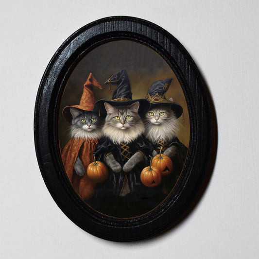 The Three Halloween Cats Witches Gothic Halloween Oval Wooden Framed Print 3"x4", 3.5"x5", 4"x6"