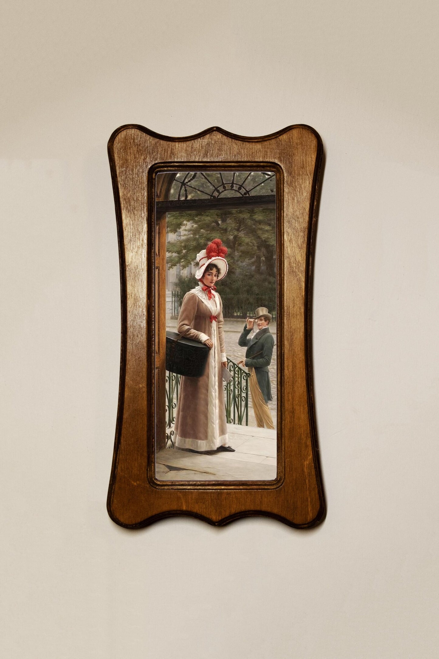 Delivering The New Hat Edmund Blair Leighton Light Oak Art Nouveau Shaped Wooden Framed Classic Art Print 4.75"x9", 7.5"x13.5"