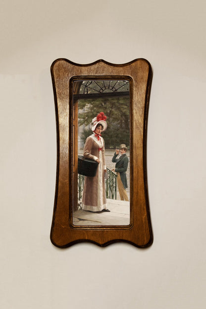 Delivering The New Hat Edmund Blair Leighton Light Oak Art Nouveau Shaped Wooden Framed Classic Art Print 4.75"x9", 7.5"x13.5"