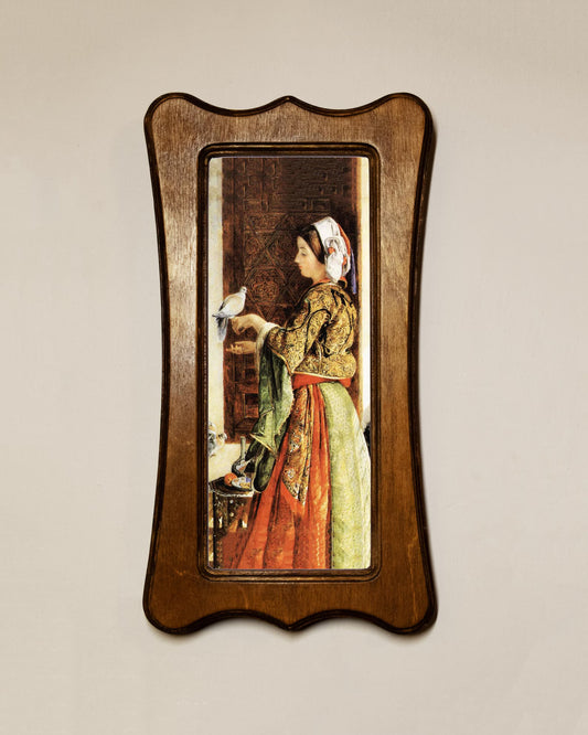 The Dove John Frederick Lewis Light Oak Art Nouveau Shaped Wooden Framed Classic Art Print 4.75"x9", 7.5"x13.5"