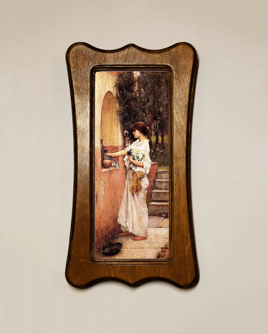 A Roman Offering John William Waterhouse Light Oak Art Nouveau Shaped Wooden Framed Classic Art Print 4.75"x9", 7.5"x13.5"