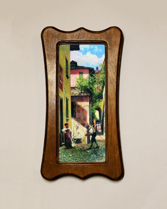 Italian Street Scene Fedor Bronnikov Light Oak Art Nouveau Shaped Wooden Framed Classic Art Print 4.75"x9", 7.5"x13.5"