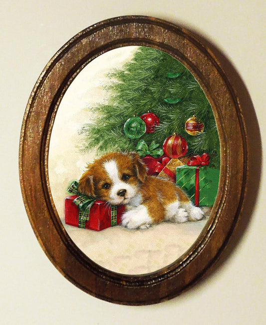 Puppy's First Christmas Light Oak Oval Wooden Framed Christmas Art Print 3"x4", 3.5"x5", 4"x6"