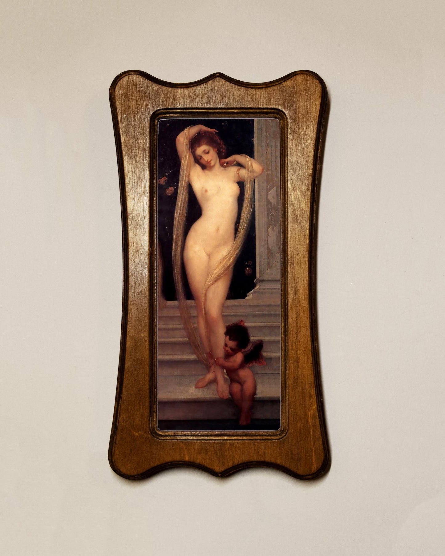 A Bather Frederic Leighton Light Oak Art Nouveau Shaped Wooden Framed Classic Art Print 4.75"x9", 7.5"x13.5"