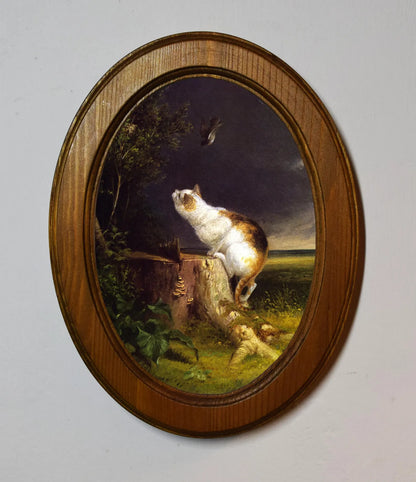 The Birdwatcher William Holbrook Beard Light Oak Oval Wooden Framed Classic Art Print 3"x4", 3.5"x5", 4"x6", 5"x7"