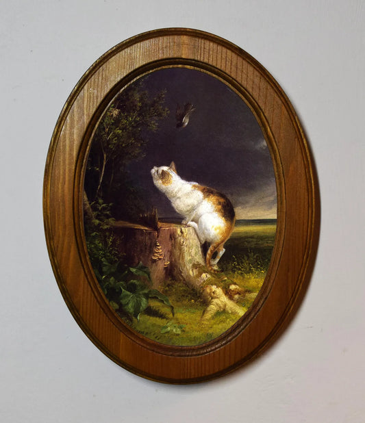 The Birdwatcher William Holbrook Beard Light Oak Oval Wooden Framed Classic Art Print 3"x4", 3.5"x5", 4"x6", 5"x7"