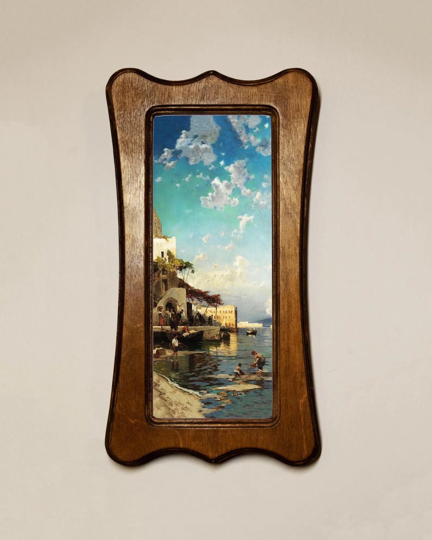 Evening Meeting of Fishermen Hermann Corrodi Light Oak Art Nouveau Shaped Wooden Framed Classic Art Print 4.75"x9", 7.5"x13.5"