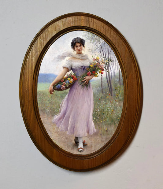 Girl Carrying Bouquets Eugene De Biaas Light Oak Oval Wooden Framed Classic Art Print 3"x4", 3.5"x5", 4"x6", 5"x7", 6"x8"