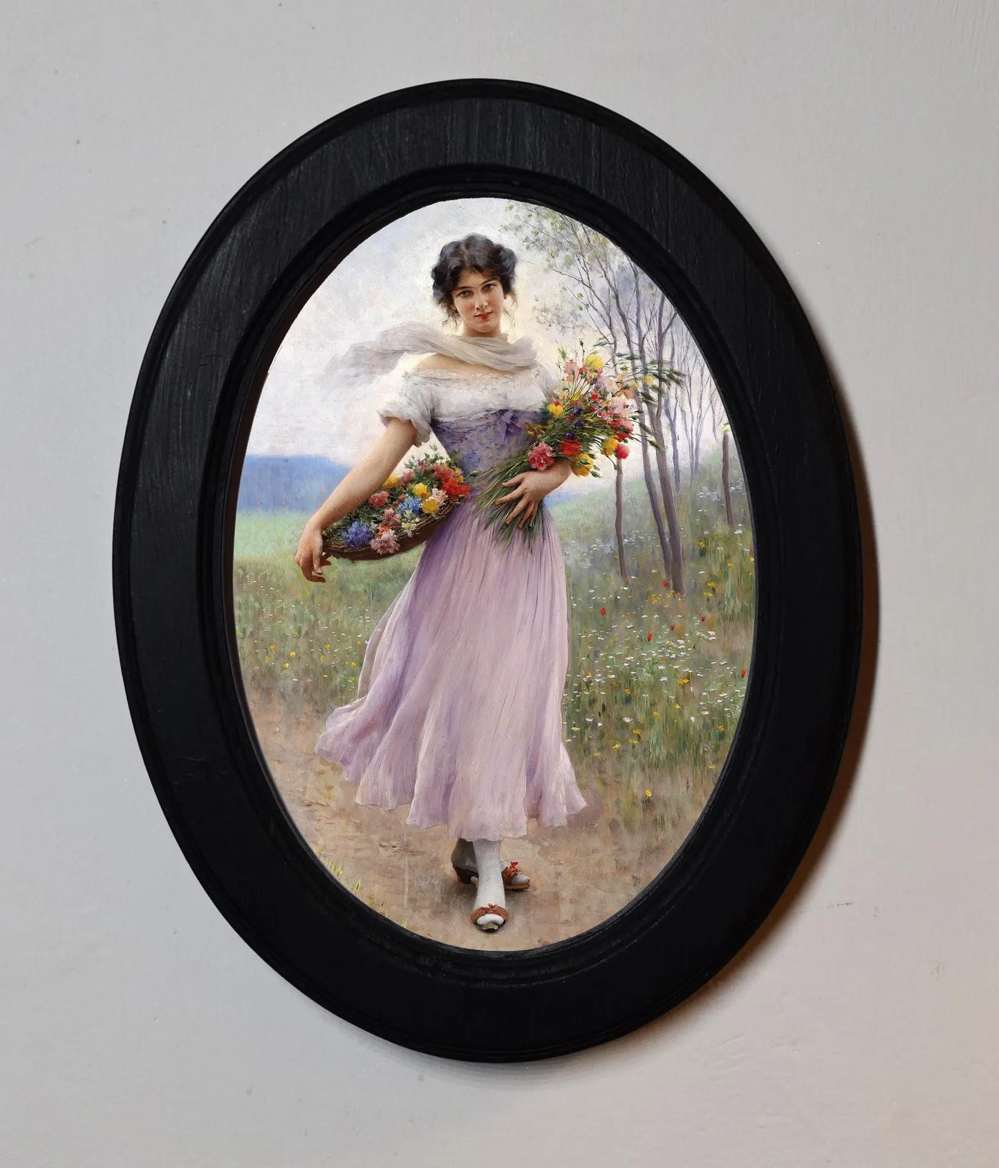 Girl Carrying Bouquets Eugene De Biaas Black Oval Wooden Framed Classic Art Print 3"x4", 3.5"x5", 4"x6", 5"x7", 6"x8"