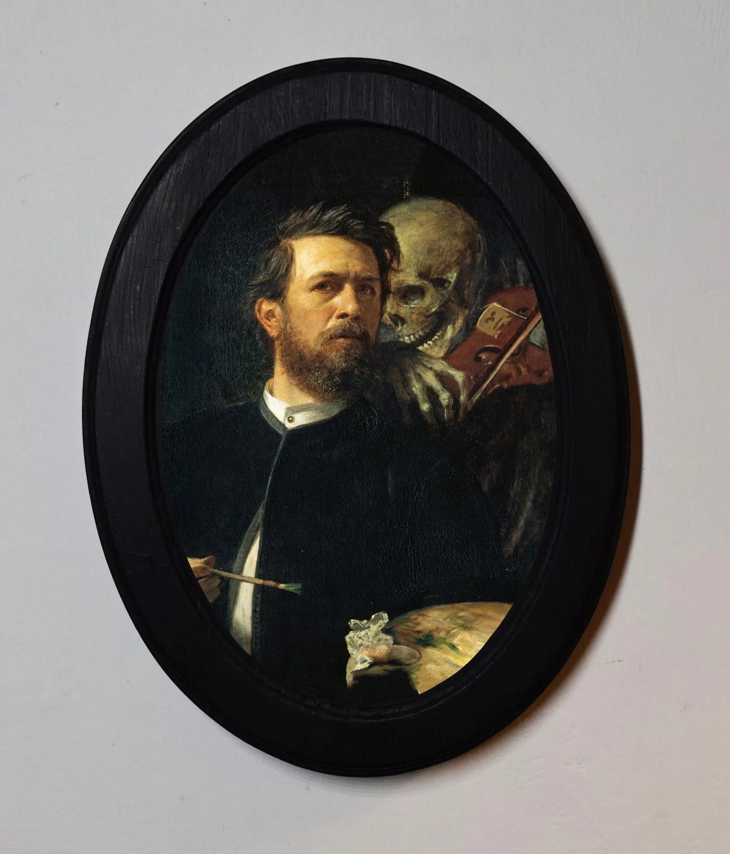 Self-Portrait with Death Playing the Fiddle Arnold Böcklin Gothic Black Oval Wooden Framed Classic Art Print 3"x4", 3.5"x5", 4"x6", 5"x7", 6"x8"