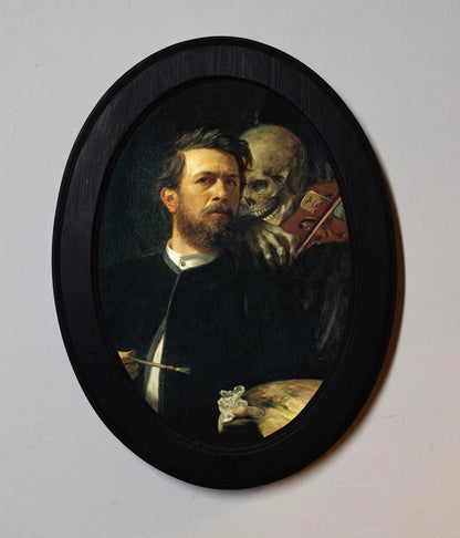 Self-Portrait with Death Playing the Fiddle Arnold Böcklin Gothic Black Oval Wooden Framed Classic Art Print 3"x4", 3.5"x5", 4"x6", 5"x7", 6"x8"