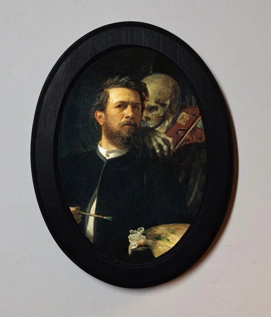 Self-Portrait with Death Playing the Fiddle Arnold Böcklin Gothic Black Oval Wooden Framed Classic Art Print 3"x4", 3.5"x5", 4"x6", 5"x7", 6"x8"