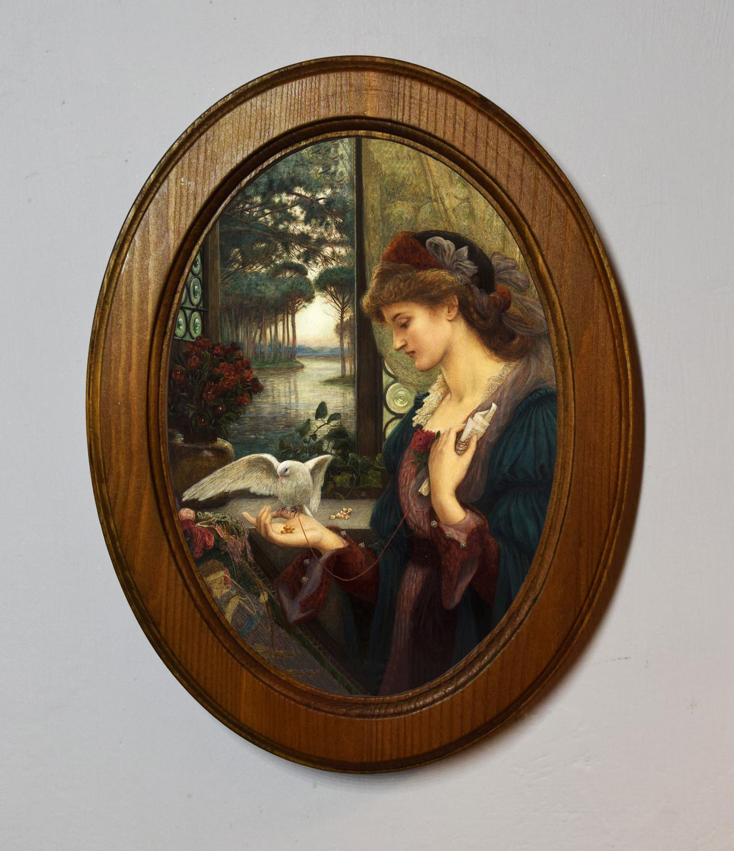 Loves Messenger Marie Spartali Stillman Light Oak Oval Wooden Framed Classic Art Print 3"x4", 3.5"x5", 4"x6", 5"x7", 6"x8"