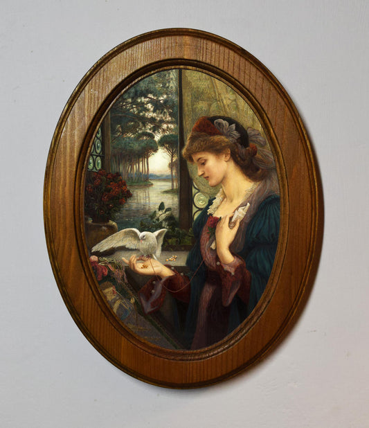 Loves Messenger Marie Spartali Stillman Light Oak Oval Wooden Framed Classic Art Print 3"x4", 3.5"x5", 4"x6", 5"x7", 6"x8"