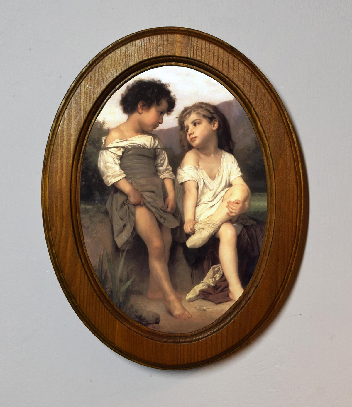 At the Edge of the Brook William A. Bouguereau Light Oak Oval Wooden Framed Classic Art Print 3"x4", 3.5"x5", 4"x6", 5"x7", 6"x8"