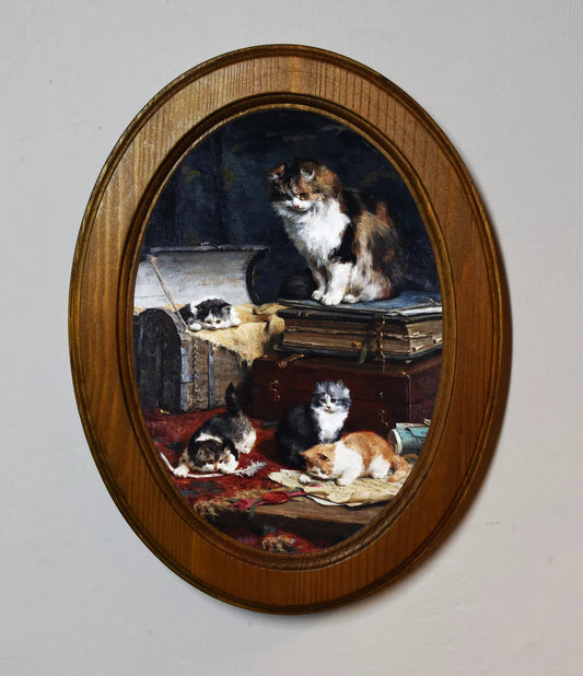 The Playful Four Charles Van Den Eycken Light Oak Oval Wooden Framed Classic Art Print 3"x4", 3.5"x5", 4"x6", 5"x7", 6"x8"