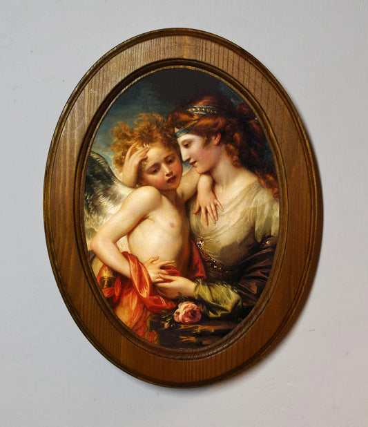 Cupid Stung By A Bee Consoled By Venus Benjamin West Light Oak Oval Wooden Framed Classic Art Print 3"x4", 3.5"x5", 4"x6", 5"x7", 6"x8"