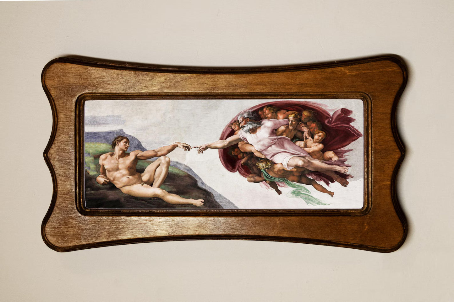 Creation of Adam Michelangelo Light Oak Art Nouveau Shaped Wooden Framed Classic Art Print 4.75"x9", 7.5"x13.5"