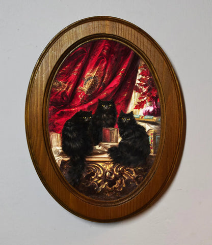 Three Black Cats Carl Kahler Light Oak Oval Wooden Framed Classic Art Print 3"x4", 3.5"x5", 4"x6", 5"x7", 6"x8"