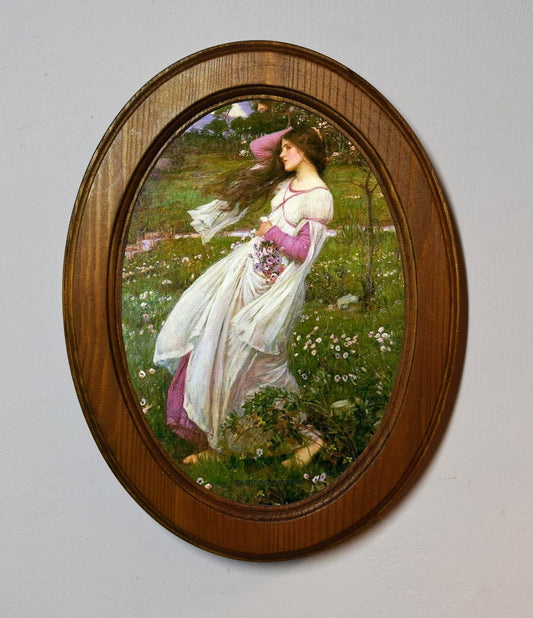 Wind Flowers John William Waterhouse Light Oak Oval Wooden Framed Classic Art Print 3"x4", 3.5"x5", 4"x6", 5"x7", 6"x8"