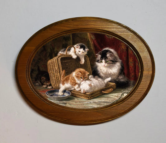 Kittens Playing Henriëtte Ronner Knip Light Oak Oval Wooden Framed Classic Art Print 3"x4", 3.5"x5", 4"x6", 5"x7", 6"x8"
