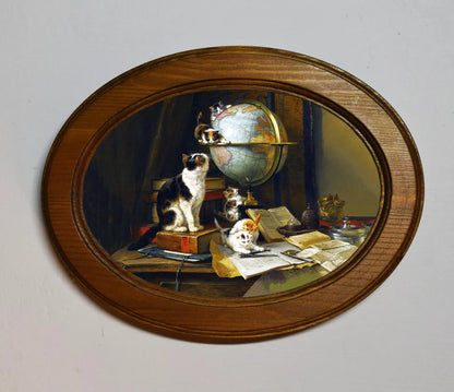 Kittens Playing Henriëtte Ronner Knip Light Oak Oval Wooden Framed Classic Art Print 3"x4", 3.5"x5", 4"x6", 5"x7", 6"x8"