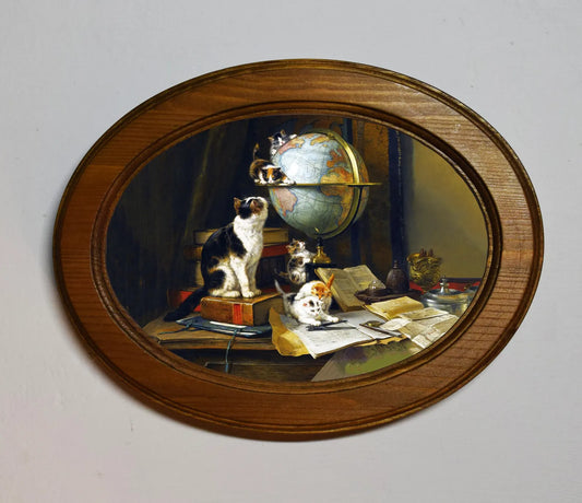 Kittens Playing Henriëtte Ronner Knip Light Oak Oval Wooden Framed Classic Art Print 3"x4", 3.5"x5", 4"x6", 5"x7", 6"x8"