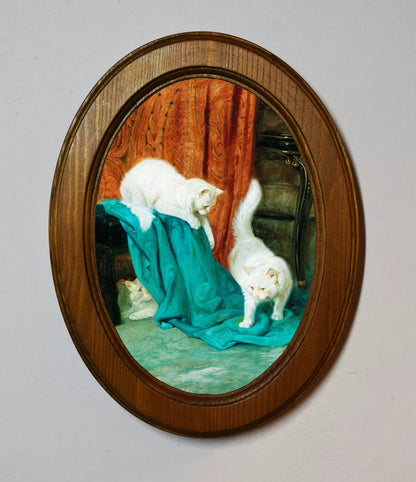 Cats Playing Arthur Heyer Light Oak Oval Wooden Framed Classic Art Print 3"x4", 3.5"x5", 4"x6", 5"x7", 6"x8"