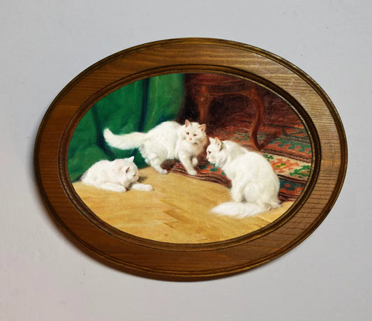 Conversation Amongst Cats Arthur Heyer Light Oak Oval Wooden Framed Classic Art Print 3"x4", 3.5"x5", 4"x6", 5"x7", 6"x8"