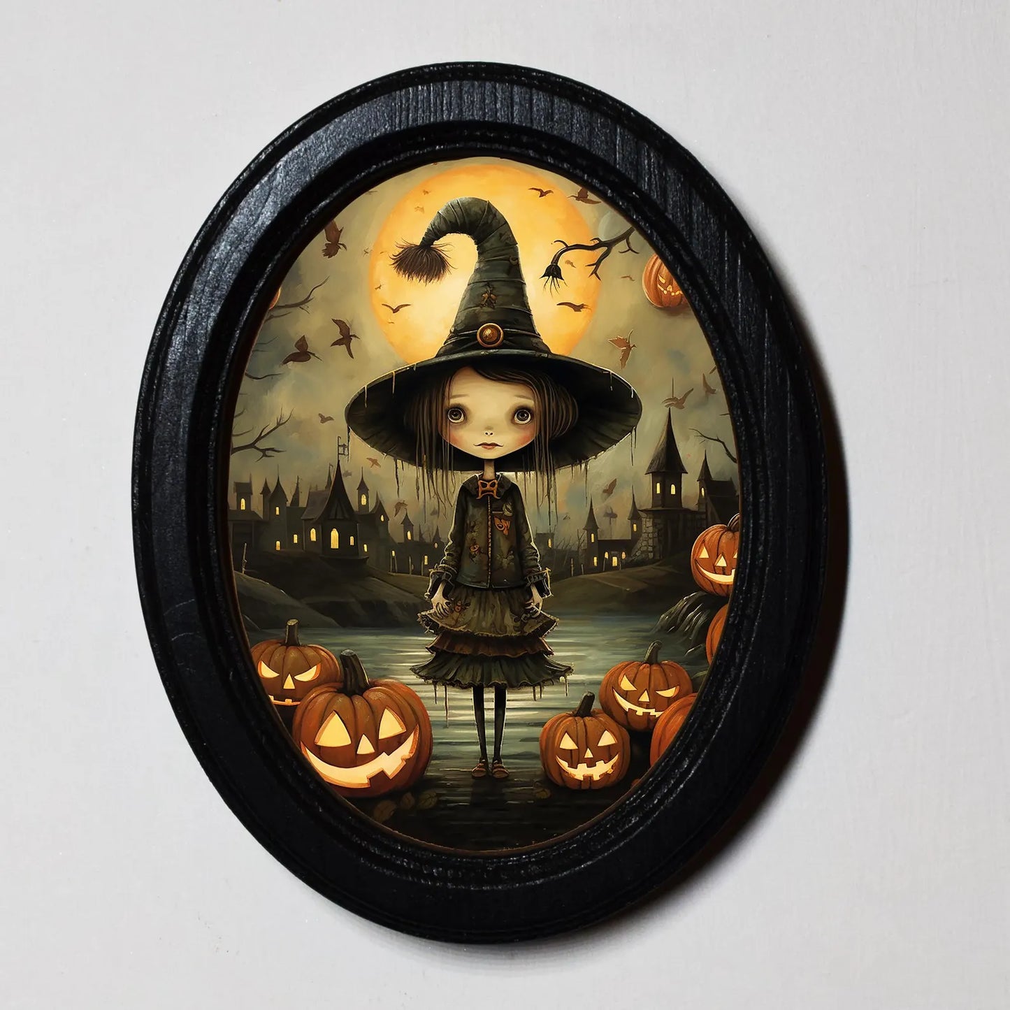 Cute Witch With Pumpkins Halloween Oval Wooden Framed Print 3"x4", 3.5"x5", 4"x6", 5"x7"