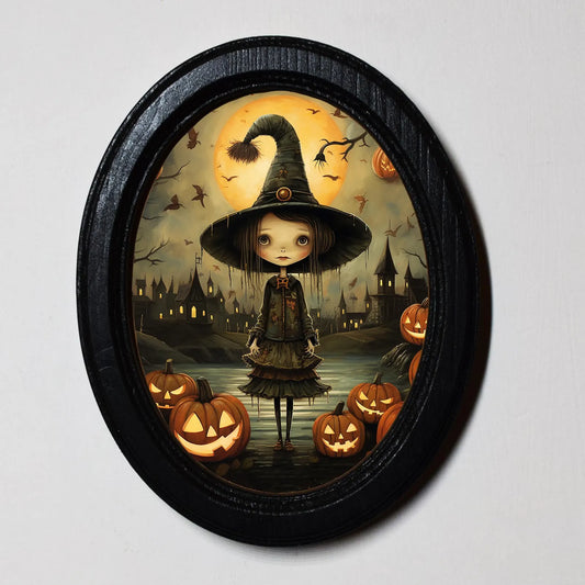 Cute Witch With Pumpkins Halloween Oval Wooden Framed Print 3"x4", 3.5"x5", 4"x6", 5"x7"