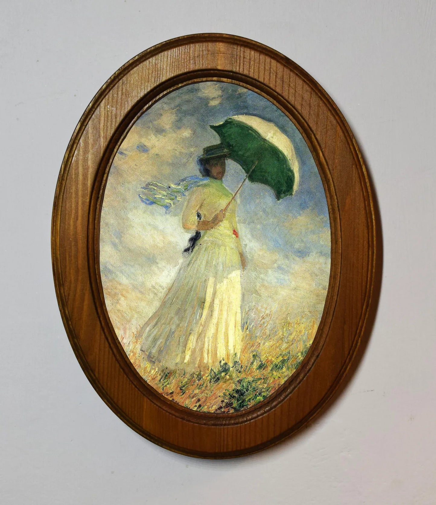 Woman With A Parasol Claude Monet Light Oak Oval Wooden Framed Classic Art Print 3"x4", 3.5"x5", 4"x6", 5"x7", 6"x8"