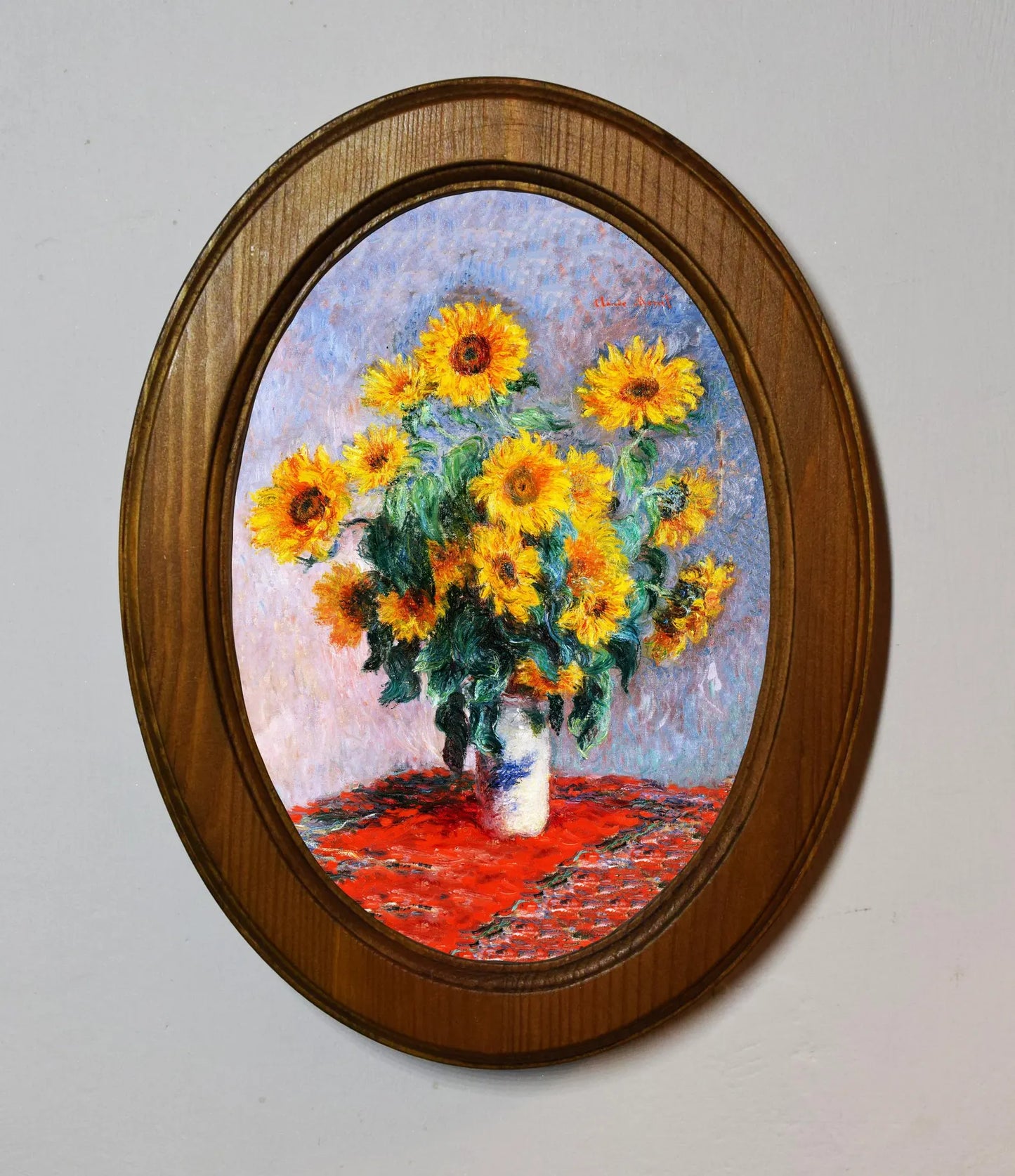 Bouquet Of Sunflowers Claude Monet Light Oak Oval Wooden Framed Classic Art Print 3"x4", 3.5"x5", 4"x6", 5"x7", 6"x8"