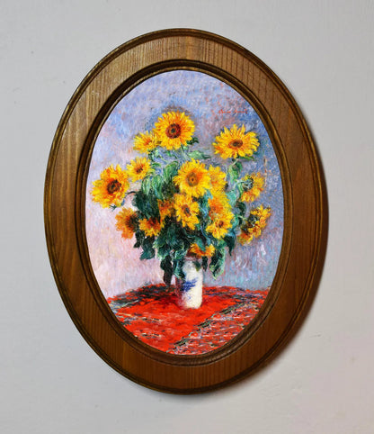 Bouquet Of Sunflowers Claude Monet Light Oak Oval Wooden Framed Classic Art Print 3"x4", 3.5"x5", 4"x6", 5"x7", 6"x8"