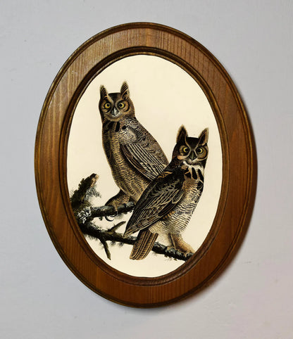 Great Horned Owl John James Audubon Light Oak Oval Wooden Framed Classic Art Print 3"x4", 3.5"x5", 4"x6", 5"x7", 6"x8"