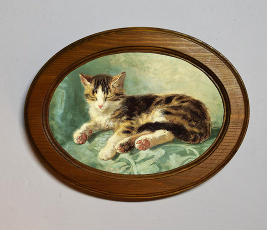 Cat Nap Henriëtte Ronner Knip Light Oak Oval Wooden Framed Classic Art Print 3"x4", 3.5"x5", 4"x6", 5"x7", 6"x8"
