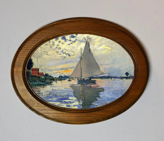 Sailboat At Le Petit Gennevilliers Claude Monet Light Oak Oval Wooden Framed Classic Art Print 3"x4", 3.5"x5", 4"x6", 5"x7", 6"x8"