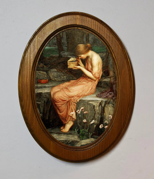 Psyche Opening The Golden Box John William Waterhouse Light Oak Oval Wooden Framed Classic Art Print 3"x4", 3.5"x5", 4"x6", 5"x7", 6"x8"