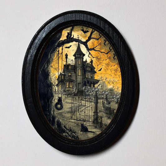 Spooky House Gothic Halloween Oval Wooden Framed Print 3"x4", 3.5"x5", 4"x6", 5"x7"