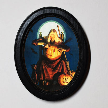 Witch Carving A Pumpkin Stanley Frederick Halloween Oval Wooden Framed Print 3"x4", 3.5"x5", 4"x6", 5"x7"