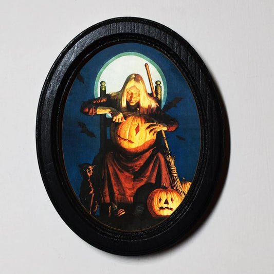 Witch Carving A Pumpkin Stanley Frederick Halloween Oval Wooden Framed Print 3"x4", 3.5"x5", 4"x6", 5"x7"