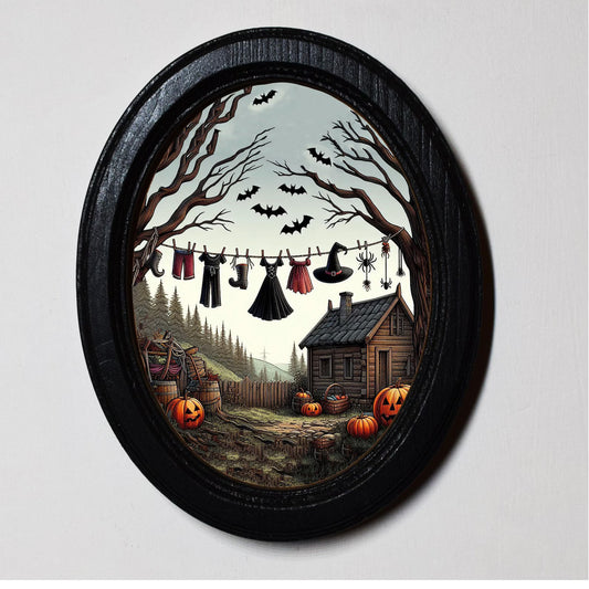 Witches Washing Line Halloween Oval Wooden Framed Print 3"x4", 3.5"x5", 4"x6", 5"x7", 6"x8"